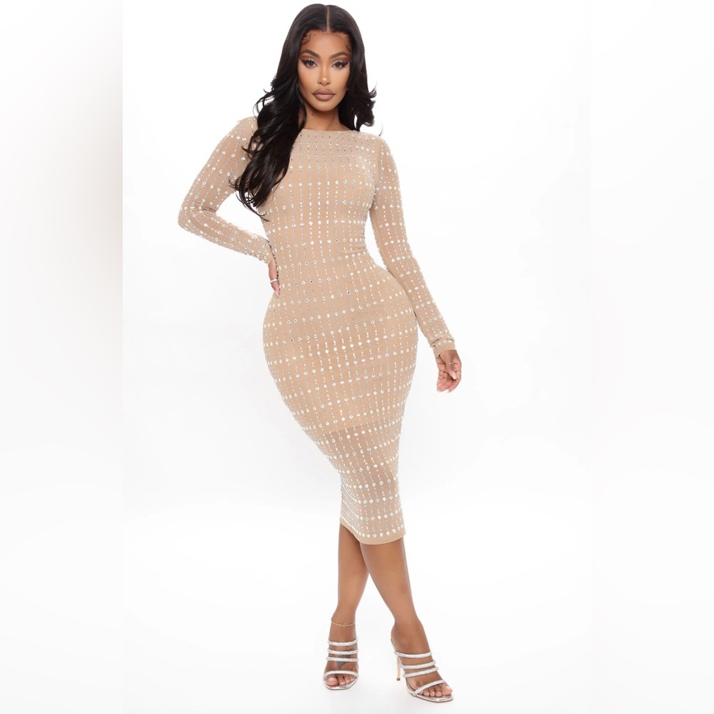 Fashion Nova Sparkle and Shine Embellished Midi Dress Nude